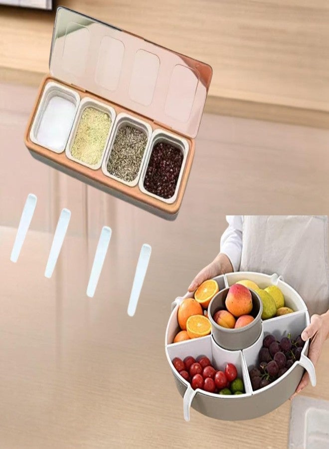 Rasdion 4 Compartments Seasoning Storage Box Container with Cover and Divided Serving Bowls and Spoons for Party Festive Decor for Kitchen Condiment Jars Plastic Seasoning Box Set - Image 1